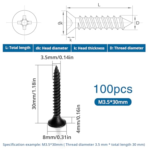 VooGenzek 100 PCS M3.5 * 30 mm Coarse Thread Point Drywall Screws, Phillips Countersunk, Plasterboard Wood Screw - Image 2