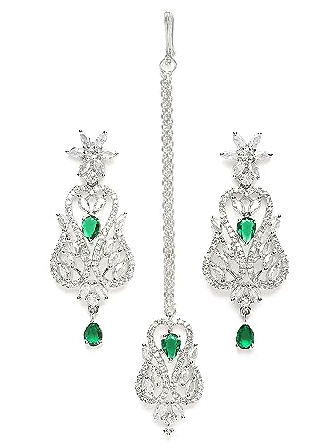 Image of Karatcart Silver Tone Green American Diamond Studded Necklace Set for Women