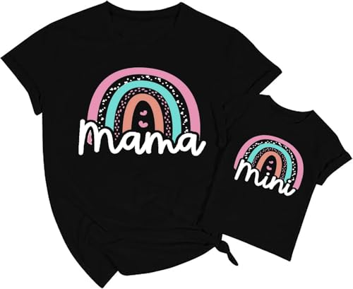 Image of Mama and Mini Rainbow Graphic Tees Mommy and Me Matching Shirts Tops Casual Short Sleeve Mother and Daughter T Shirt