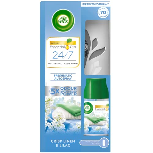 Air Wick Automatic Air Freshener Freshmatic Spray Kit Crisp Linen & Lilac 1 Gadget & 1 Refills (250ml) Natural Essential Oils Last up to 70 Days Air freshener