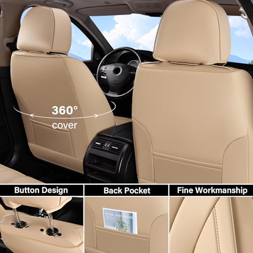 Image of Coverado Waterproof Nappa Leather Car Seat Covers, Automotive Fullset Seat Covers, 5 Seat Car Seat Cushion & Car Seat Protector, Beige Front and Rear Covers Universal Fit for Most Cars, SUVs, Trucks