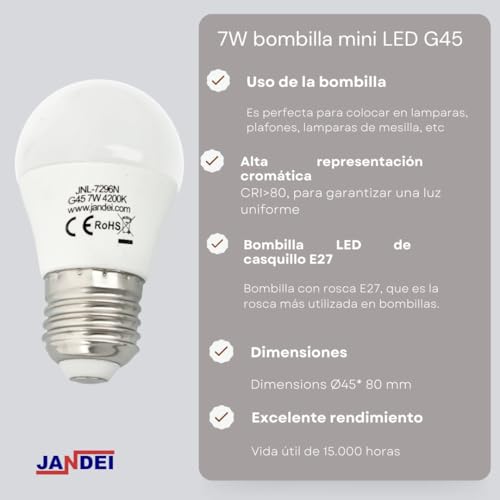 JANDEI, Pack of 10 LED Bulbs G45 E27 Base 7W for Ceiling Lamps Lighting Systems, Decorative Wall Lights - Image 2