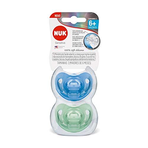 NUK Kit Com 2 Chupetas Sensitive Soft 100% Silicone Boy S2 - Azul/Verde Tam 2 (6-18 Meses)