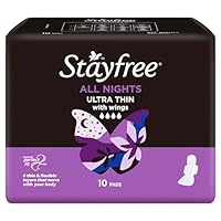 Stayfree Ultra Thin All Nights Pads With Wings 10 Pack | Extra Length & Width to Help Sleep Better |Neutralises Odour|Cottony-Soft Quilted Cover| Keeps Dry and Comfortable
