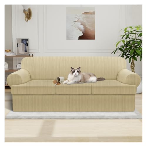 Pfrstuv Waterproof Couch Cover 4-Piece Set Striped Sofa Slipcovers for 3 Separate T Cushion Couch - TPU Fabric Sofa Covers Leakproof Couch Protector for Kids, Pets(3 Cushion Sofa, Camel)