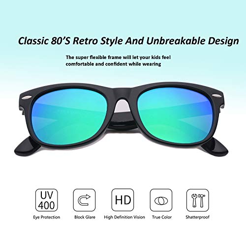 Yamazi Kids Sunglasses Polarized Sports Fishing Baseball Unbreakable Mirrored Boys Sunglass For Toddler Child Girls Shades Beach Age 3-10(Black | Green Lens) #TOP3