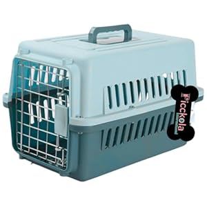 Picckola International Pet Travel Carrier Dog Cat Rabbit Basket Plastic Handle Hinged Door Folding Collapsible Transport Box Crate Cage Size 19.5 x 13 x 12.5 Inch for Puppy Cats (Blue)