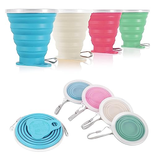 Vueinrg 4 Piezas Taza de Viaje Plegable, Copa de Viaje Plegable con Tapa, 250ml Taza de Viaje Reutilizable de Silicona, Vaso Plegable Portátil FDA y BPA Gratis para Camping, Senderismo, Viaje