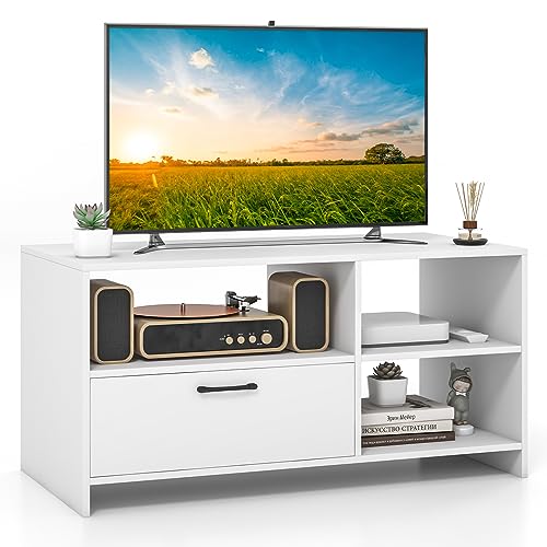 Tangkula White TV Stand for TVs up to 50”, Modern Media Console Table w/ 3 Open Shelves & 1 Storage Drawer, Entertainment Center for Living Room (1 Drawer & 3 Shelves, 41