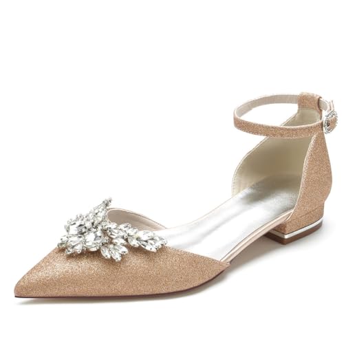 Women's Wedding Shoes Flats Satin Pointed Toe Rhinestone Ankle Strap Buckle Bridal Bridesmaid Flats