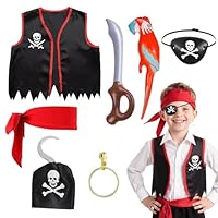 SEFIRST 7 Pcs Pirate Costume Accessories Kit Boys Pirate Capitain Fancy Dress Kids Role Play Dress Up for Party Birthday Party Halloween, Pirates Vest Bandana Eye Patches Inflatable Parro
