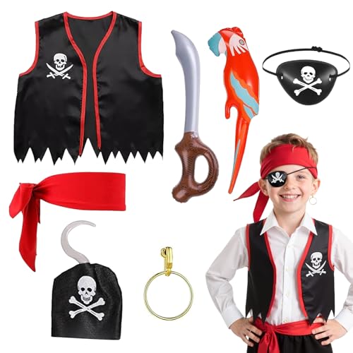 SEFIRST 7 Stück Kinder Piratenkostüm Zubehör, Piraten Kostüm Accessoires, Pirat Kopftuch Augenklappe Piraten Weste Dress Up Set, Captain Kostüm für Party Halloween Karneval Maskerade Cosplay