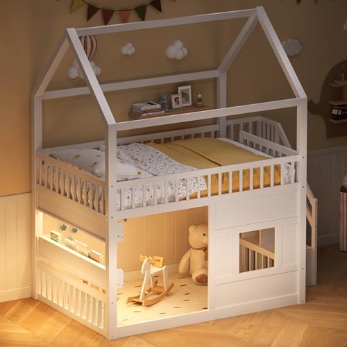 Image of Bellemave Bunk beds Full Over Full with Storage Stairs,Two Placement Methods,House bunk Bed, White
