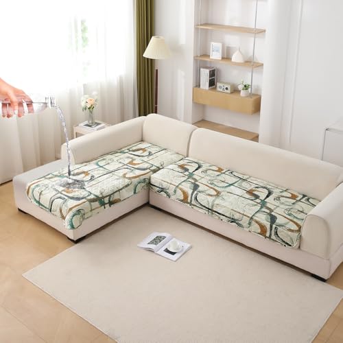 Image of HOKIPO 'Elira Series' Polyester Blend Printed Water Repellent + Waterproof Quick Dry L Shape (3+2 Seater) Sofa Seat Cover Mat, Parchement Beige Abstract Art (AR-5249-C6 + AR-5246-C6)