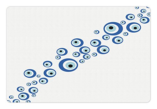 Lunarable Evil Eye Pet Mat for Food and Water, Diagonal Evil Eye Stones Pattern Ancestral Ottoman Superstitious, Rectangle Non-Slip Rubber Mat for Dogs and Cats, Navy Blue Pale Blue
