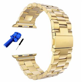 HUANLONG Compatible with Apple Watch Band, Solid Stainless Steel Metal Replacement Watchband Bracelet with Compatible with iWatch Series 1/2/3/4(Gold3 42mm)