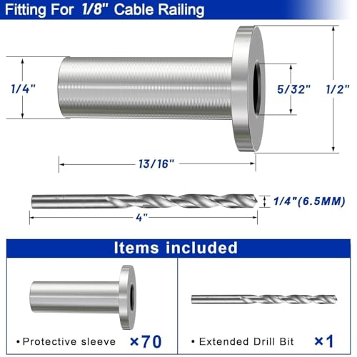 Image of Steel DN Mate 70 Pack Stainless Steel Protector Sleeves for 1 /8 inch Wire Rope, Hardware for Deck /Cable Railing System, T316 Marine Grade, Sleeves Come with a Drill Bit DE07
