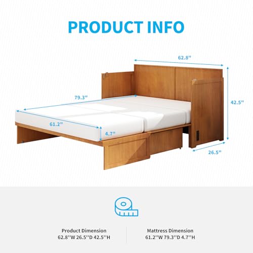 Mjkone Queen Murphy Bed Cabinet, Cabinet Bed with Foldable Foam Mattress, Chest Bed with USB Charging Station & 2 Large Drawers, Folding Bed Cabinet for Guest Room/Bedroom/Office (Cherry, Cabinet A) - Thumbnail 3