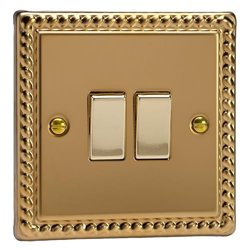 Varilight Double Rocker Light Switch 2-Way - Classic Georgian Brass With Polished Brass Rockers, XG2D