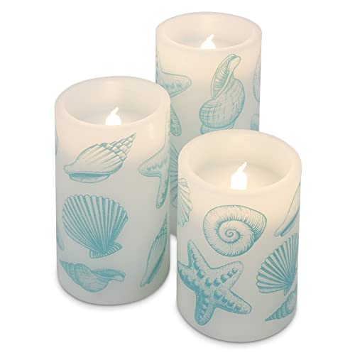 Image of Elanze Designs Seashells Nautical Blue 6 inch Wax LED Flameless Pillar Candles Set of 3