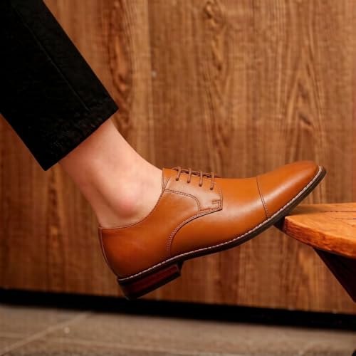 Image of Men Dress Shoes Formal Wingtip Lace Up Latex Insole Oxford Business Wedding Leather Derby Shoe(Brown Pu 9.5)