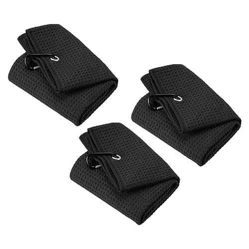 PATIKIL 24"x16" Tri-Fold Golf Towels, 3 Pack Waffle Pattern Towels Soft Fiber Strong Water Absorption with D Clip for Golf Lovers Black