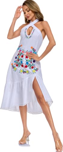 Image of Womens Mexican Floral Embroidered Halter Maxi Dress Side Slit Boho Dress
