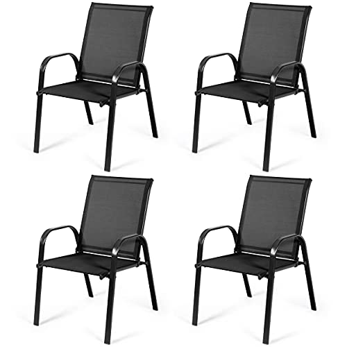 Image of Giantex Set of 4 Patio Chairs, Outdoor Camping Chairs with Breathable Fabric, 4 Pack Garden Chairs with Armrest High Backrest for Garden Patio Pool Beach Yard Space Saving, Black