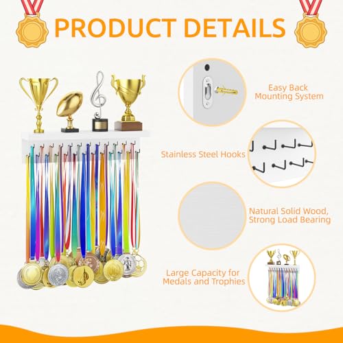 Image of Medal Hanger Display and Trophy Shelf Organizer, Wooden Wall Mount Ribbon Holder with 25 Steel Hooks, Race Awards Storage Rack Stand for Sports Enthusiasts