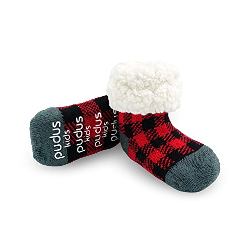 Pudus Lumberjack Red Cozy Winter Slipper Socks for Girls and Boys with Non-Slip Grippers and Faux Fur Sherpa Fleece - Kid (Age 4-7) Fuzzy Socks
