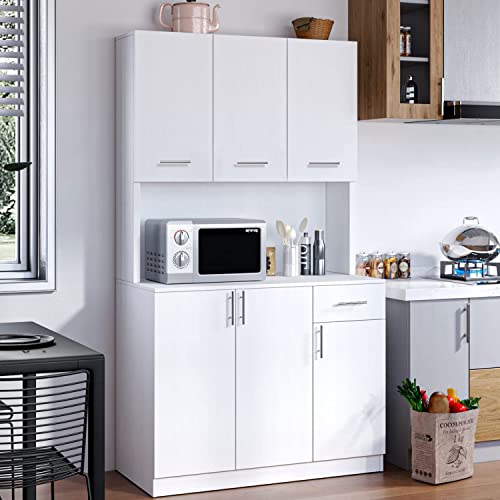 71’’ Kitchen Pantry Storage Cabinet, Pantry Buffet Cabinets with Hutch, Freestanding Kitchen Pantry Cabinets with Microwave Stand, White Kitchen Hutch Storage Cabinet with 6 Doors & Drawer for Home 71’’ Kitchen Pantry Storage Cabinet, Pantry Buffet Cabinets with Hutch, Freestanding Kitchen Pantry Cabinets with Microwave Stand, White Kitchen Hutch Storage Cabinet with 6 Doors & Drawer for Home