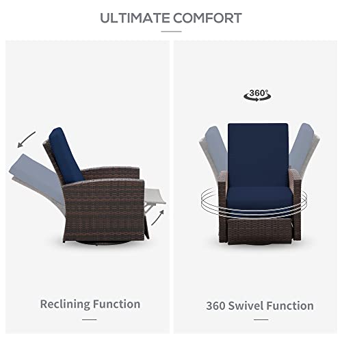 Outsunny Outdoor Wicker Swivel Recliner Chair, Reclining Backrest, Lifting Footrest, 360° Rotating Basic, Water Resistant Cushions For Patio, Dark Blue #TOP5