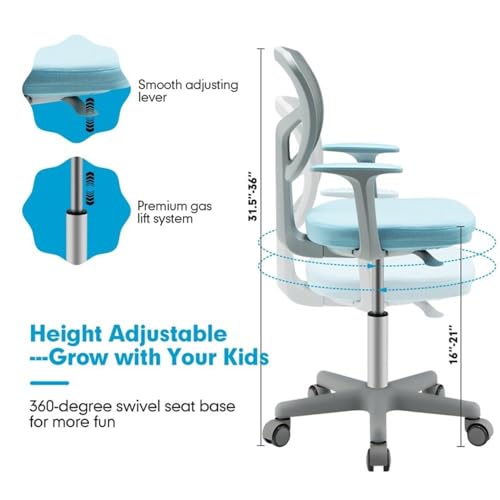 Image of Pemberly Row Kids Study Chair, Adjustable Height 31.5-36 in, Blue Mesh Backrest, Padded Armrests, Swivel Seat, Auto Brake Casters, Ergonomic Design for Children Study Room