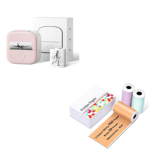 Image of Ponek T02 Mini Printer (Pink with 1 Roll Paper+ T02 3Color Paper (50mm x 3.5m & Keep 20 Years)