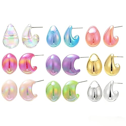 Fashion Forward Chunky Stud Earrings, 9 Sets woman jewelry sets, earings sets, water drop earings in Gold , Pink , Blue , Silver ,Transparent and Green, beige.large tear drop earrings for women,Modern Statement Jewelry for Women, Packaged in a box