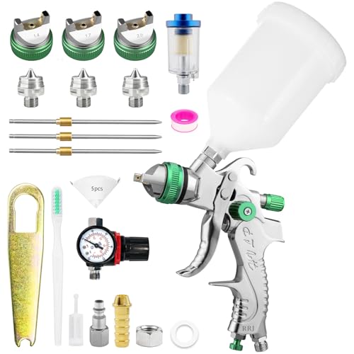 RRJ HVLP Lackierpistole Spritzpistole Kit mit 1,4/1,7/2,0mm, Profi Lackierpistole Druckluft Schwerkraft Sprühgeräte Farbpistole mit 600 ml Plastikbecher Mit Luftdruckregler (Grün)