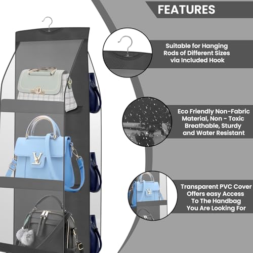 Image of 6 Pocket Hanging Handbag Organizer - Multi-Compartment Purse Storage with Adjustable Hooks - Space-Saving Closet Organizer for Handbags, Purses, Wallets - Durable, Home Black