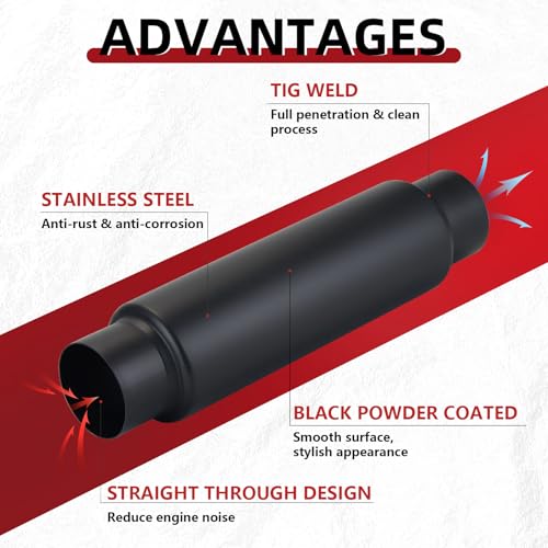 Image of LCGP 3 inch Inlet Universal Resonator Muffler, 3 inch Outlet 16 inch Overall Length Stainless Steel High Performance Muffler, Polished, Pass-Thru Design Black