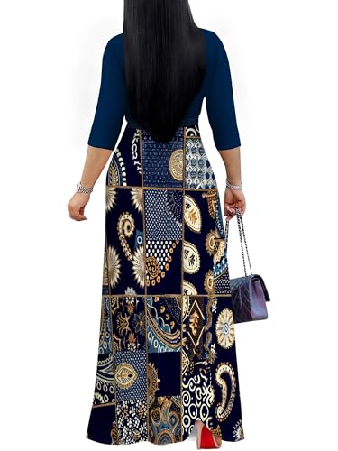 Image of PinkPatty Plus Size Maxi Dress for Women Casual V Neck 3 /4 Sleeve Boho Printed Long Dress with Pockets
