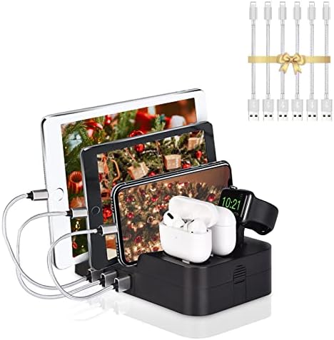 KeyEntre 6 Port USB Charging Station Multi Device USB Charging Dock Station HUB Desktop Charger Stand Organizer Compatible for iPhone ipad Airpods iwatch Kindle Tablet Multiple Devices, Black