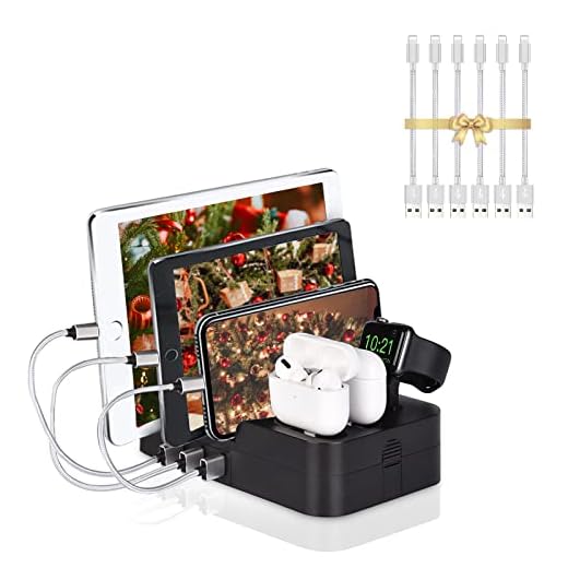 KeyEntre 6 Port USB Charging Station Multi Device USB Charging Dock Station HUB Desktop Charger Stand Organizer Compatible for iPhone ipad Airpods iwatch Kindle Tablet Multiple Devices, Black