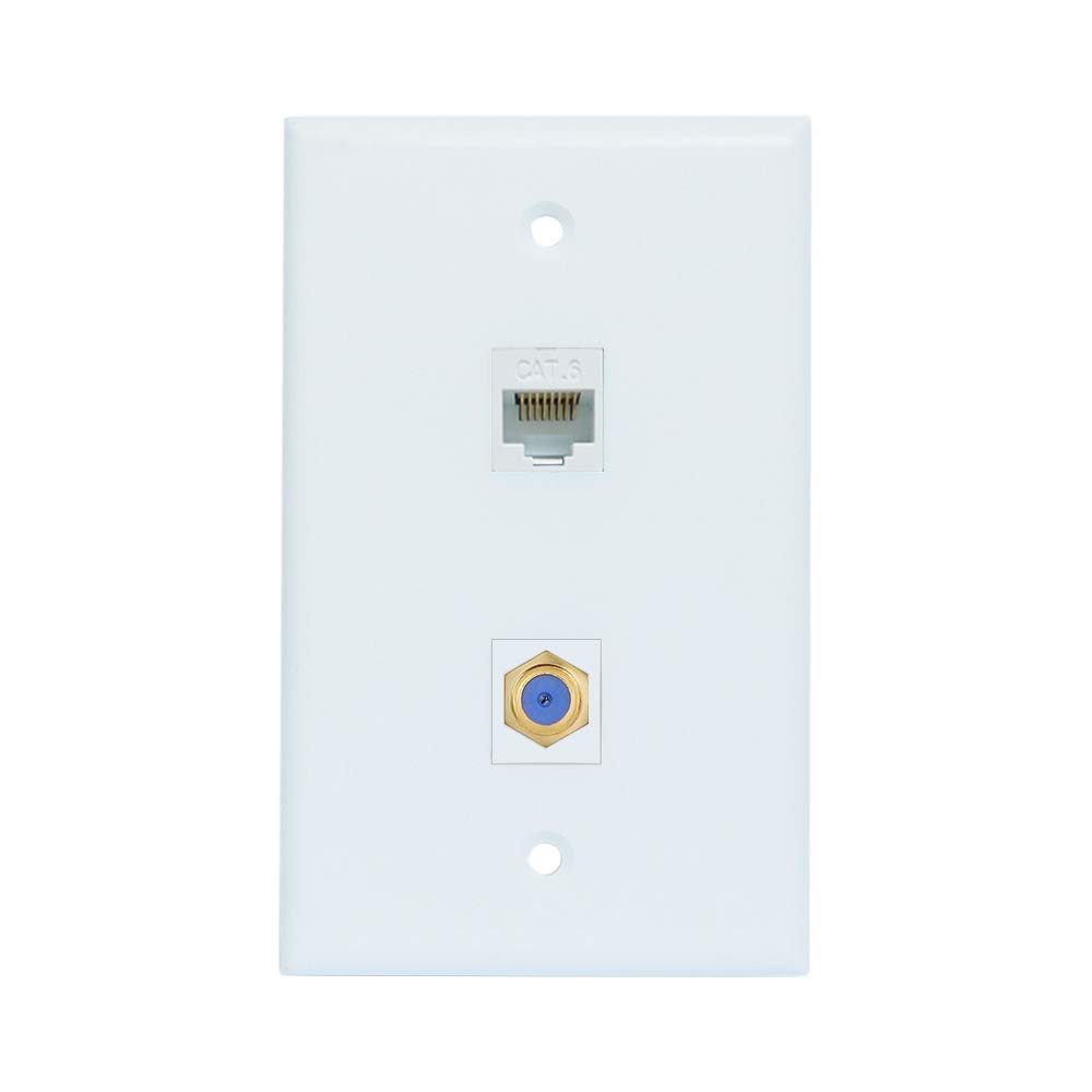 Ethernet Coax Wall Plate - ESYLink Cat6 Coax Wall Plate with 1 Ethernet Port + 1 TV Coax Cable/F-Type Connector - White