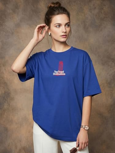 Image of JUNEBERRY Pure Cotton Oversized Drop Shoulder T-Shirt for Women | Front & Back Print, Half Sleeve, Baggy Fit, Round Neck | Sizes S-XXL