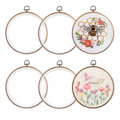 Image of 6 Pieces 8 inch Embroidery Hoop Frame, Imitated Wood Embroidery Display | Cross Stitch Hoop Ring, Round Embroidery Hoops for Art Craft Sewing and Hanging Ornaments