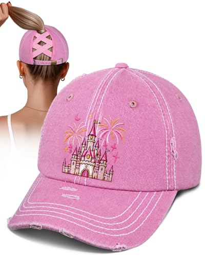 Flafens Women Pony Hats High Ponytail Baseball Caps - Cotton Vintage Washed Distressed Retro Sports Graphic Cute Fashion Summer Adjustable Criss Cross Trucker Hat for Ladies Girls, Castle Bowknot
