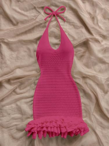 Image of GORGLITTER Women's Vacation Outfit Crochet Halter Knit Bubble Mini Dress Sexy Beach Cruise Summer Miami Resort Outfits
