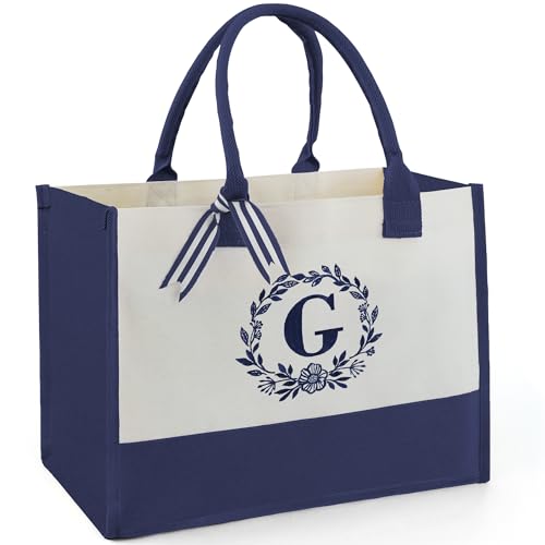 Image of BeeGreen Birthday Gift Ideas For Her Sister, Teacher, Mom, Bridesmaid, Retirement Gifts For Female Coworkers, Mothers,Grandma - Funny Initial Beach Bag With Pocket,Gift Baskets Empty,Navy Tote Bag