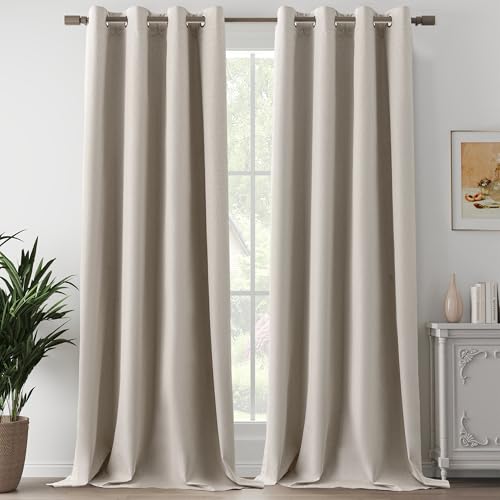 Total Blackout Sand Beige 120 Inch Linen Curtains 10 FT Length 2 Panels