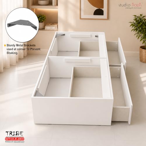 Image of Studio Kook Tribe Engineered Wood Single Bed with Drawers (Finish Color - Moonshine White, Matte Finish)