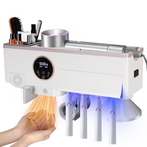Toothbrush Holder with UV Toothbrush Sanitizer, White Hair Dryer Holder with Timer Function and Touch Screen, Smart Home Bathroom Accessories with Automatic Hand Drying and Sensor Light for Bathroom